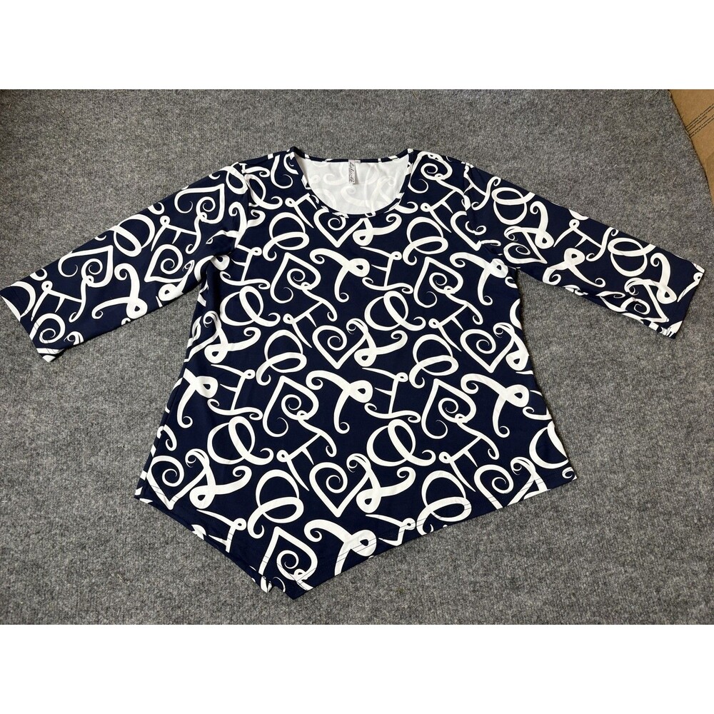 Lulu B Blouse Womens L Blue White Abstract Print Scoop Neck 3/4 Sleeve Tunic